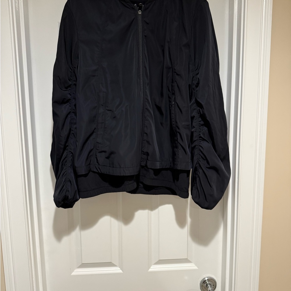 Athleta Black Bomber Jacket with Standing Collar and Ribbed Hem